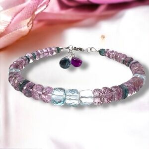 New Dual-Drop Blue Topaz & Amethyst Bracelet – 14k White Gold Magic 7.4" - 8"